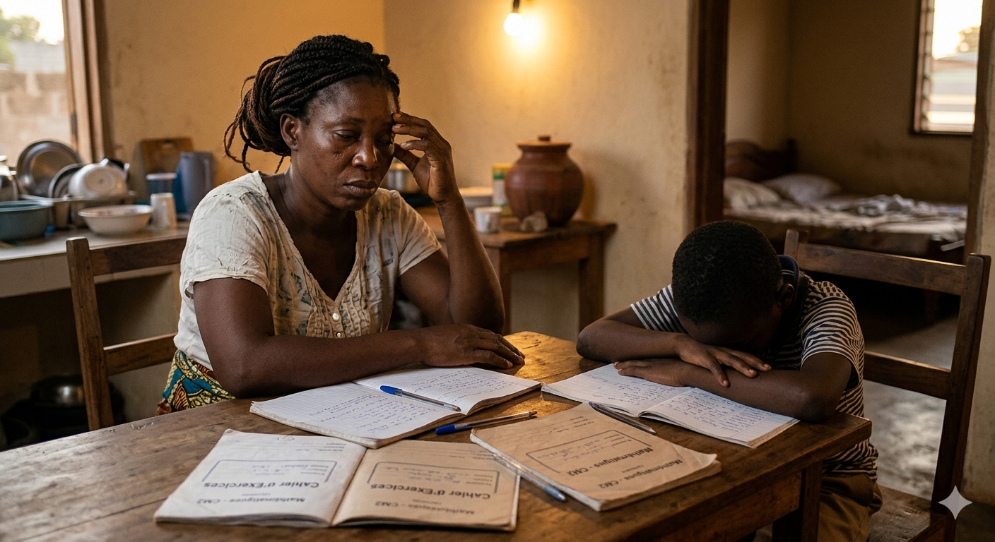 Enfant africain triste devant ses cahiers